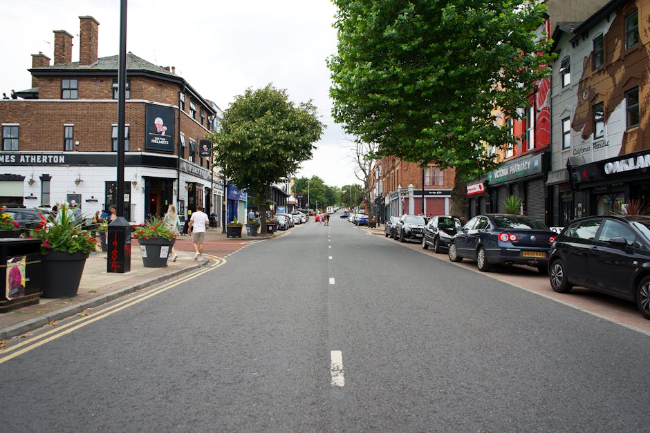 A wide urban street scene in a town, with parked cars lining both sides of the asphalt road which has a dashed white line running down its center. On the left side, there are black planters filled with colorful flowers placed on the pavement near the edge of the sidewalk, where a few pedestrians are walking. A black lamppost is visible close to these planters, and a white building with dark window frames and signage is in the background. On the right side, parked vehicles include various models of black and silver cars, occupying the designated parking bays alongside storefronts with closed shutters and signage. Large trees with lush green foliage extend over parts of the roadway, providing some shade and environmental context. The sky is overcast, with diffuse lighting illuminating the scene evenly. The setting suggests a commercial area where private waste management or rubbish clearance services might operate, supported by the urban layout and parked vehicles typical of a busy town center.